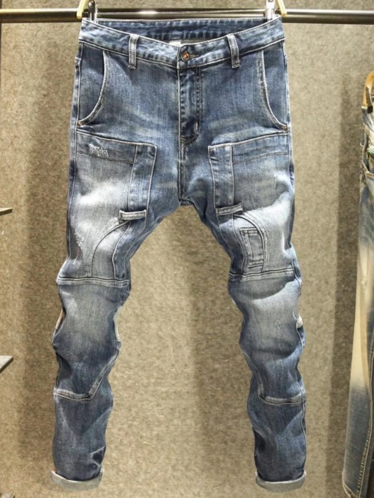 

2024 New Fashion Workwear Jeans Men's Slim Fit High Street Trend Individual Patchwork Long Pants Casual mid Waist Zipper