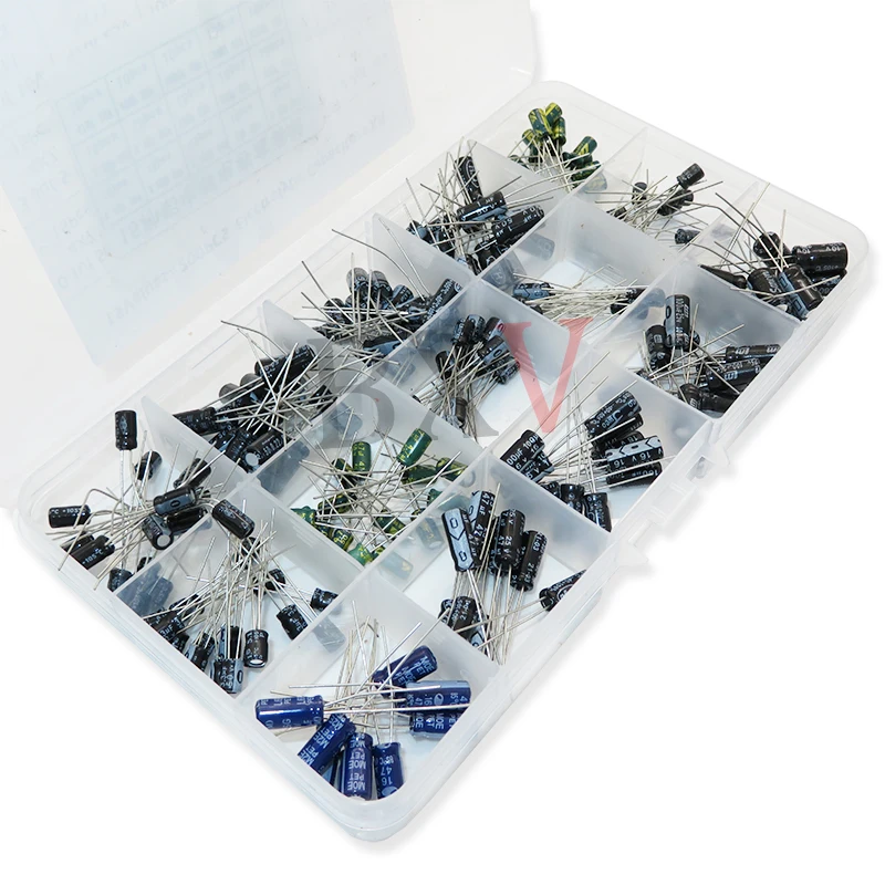 15Kinds 200PCS/LOT Electrolytic Capacitor Organization Storage 0.1-220uF Capacitors Assortment Box Kit