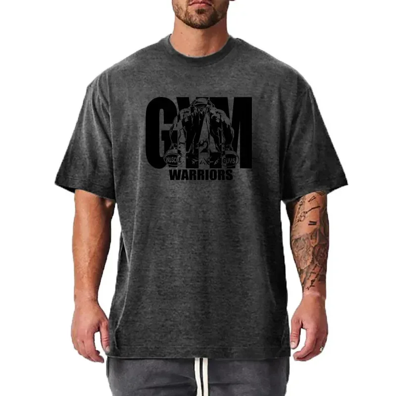 Summer oversized men's cotton shoulder relaxation and descent fitness summer fitness sports bodybuilding short-sleeved T-shirt