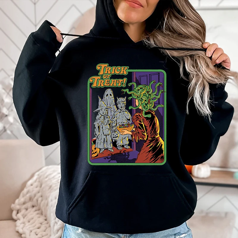 Trick or Treat Halloween Printed Women's Autumn and Winter Hoodies Plus Fleece Sweatshirt Loose Tops