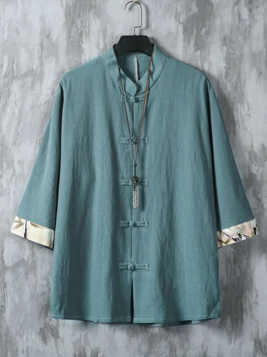 

Trendy Printed irt Men's Retro f Sve Stand Collar Long irt Loose Fit Spring Summer Faionable Casual Wear