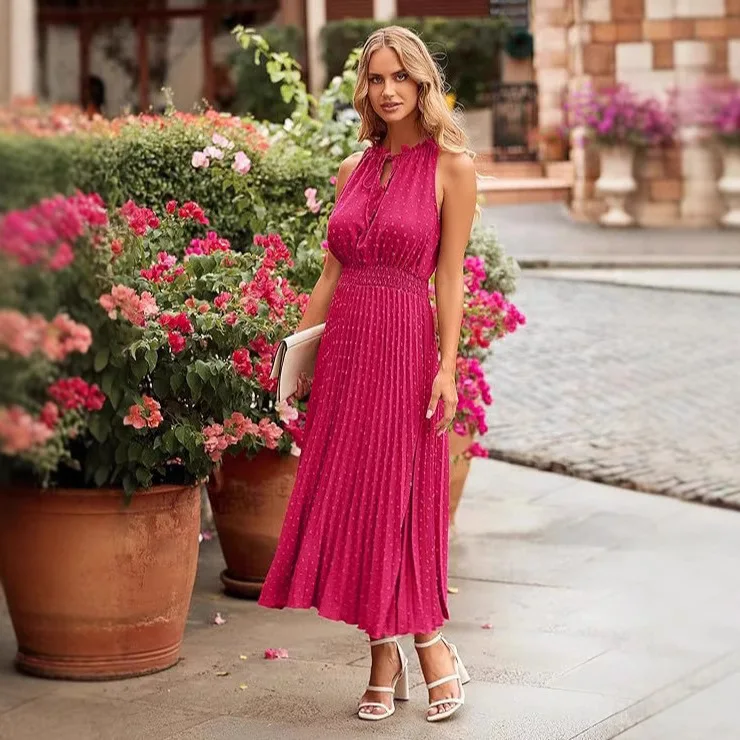 

2025 Summer New Pleated V-neck Thin Strap Sleeveless Long Holiday Style Dress Women Clothing