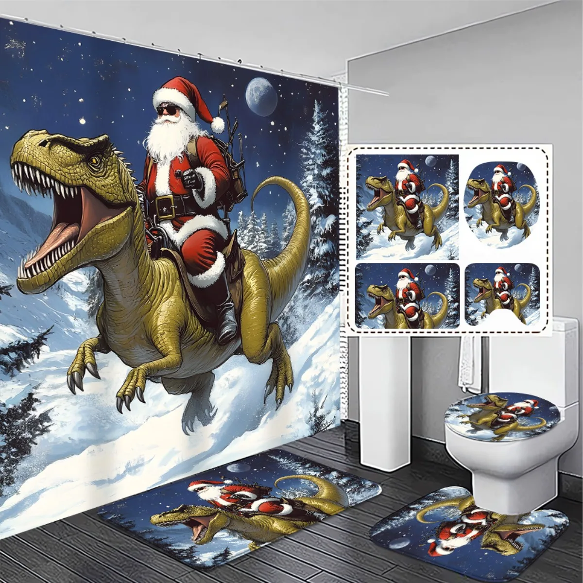 

4pcs ' Christmas Dinosaur Santa Shower Curtain Set with Non-Slip Bath Mat & Toilet Cover - Dinosaur Santa Riding T-Rex