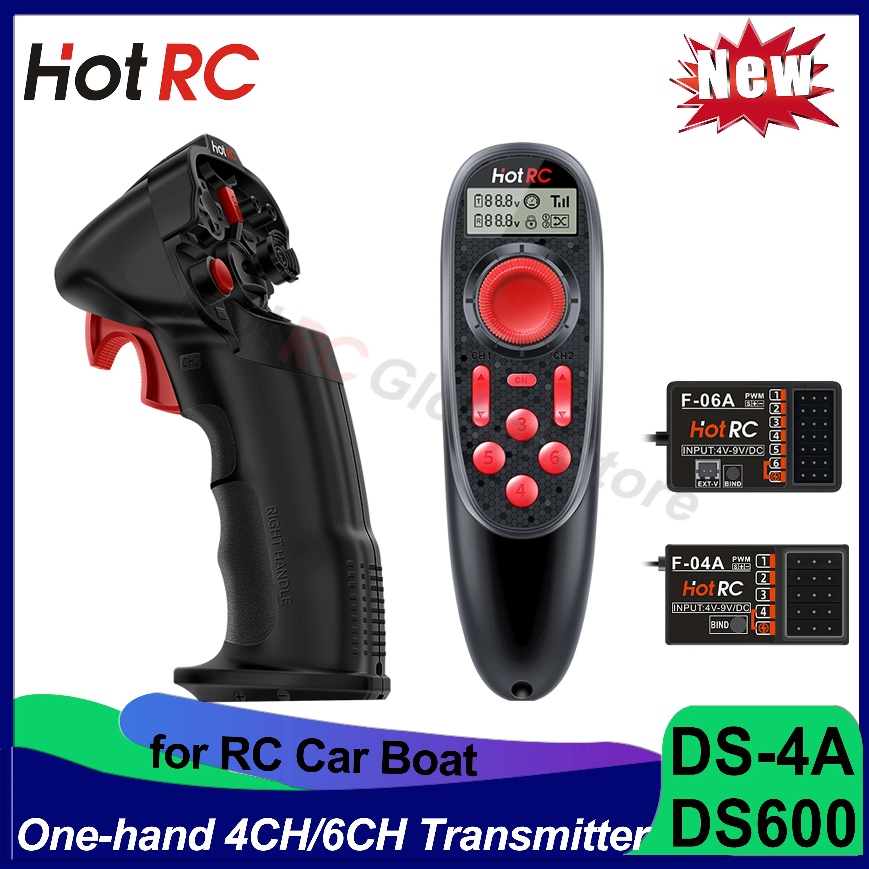 HotRC DS4A 한 손 작동 RC 라디오 송신기, RC 자동차 보트 로봇 비행기 장난감용 리시버 포함, DS600 4/6 채널