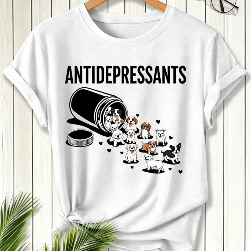Cotton Pet Lover T‑Shirt Cute Puppy Dogs Pour Out From Bottle Cartoon Print Casual Short Sleeve Daily Wear Unisex Tee