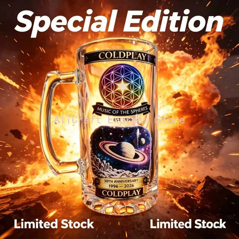 Coldplay Music of the Spheres Mug 1996-2026 Cosmic Saturn Pattern Glass Beer Cup Fan Merchandise Gift for Concert Lovers