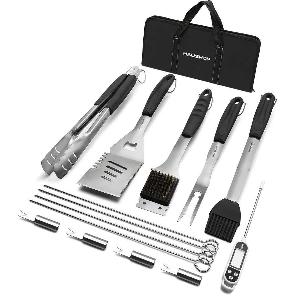 

HAUSHOF Large Grilling Accessories, BBQ Grill Set, Heavy Duty Stainless Steel Barbecue Utensils with 16-1/2 Spatula, Brush, Fork