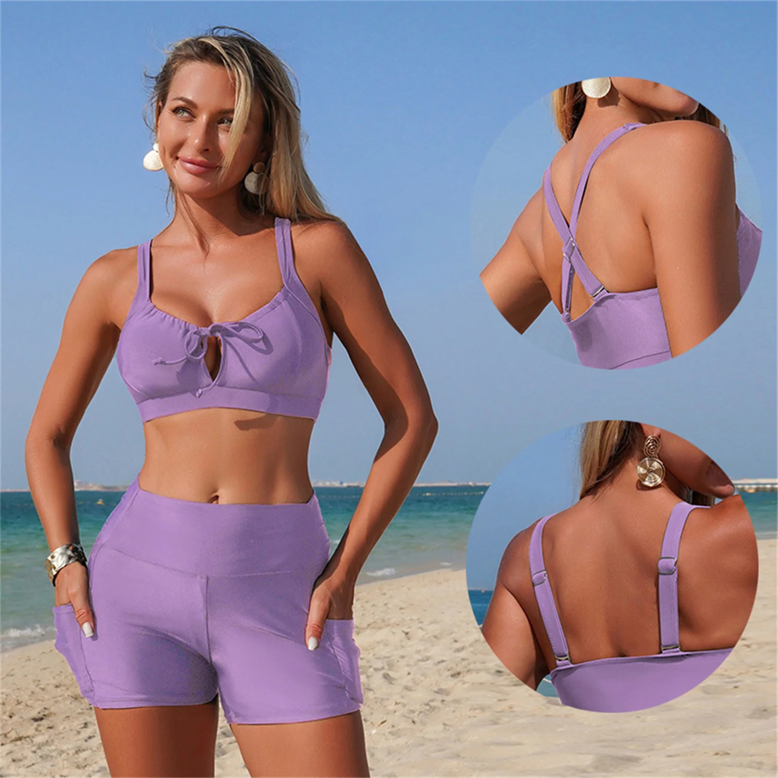 Women's Fashion Bikini Two-Piece Swimsuit Solid Solor Split Swimsuits Casual High-Waisted Swim Trunks with Pockets Sporty Bikini