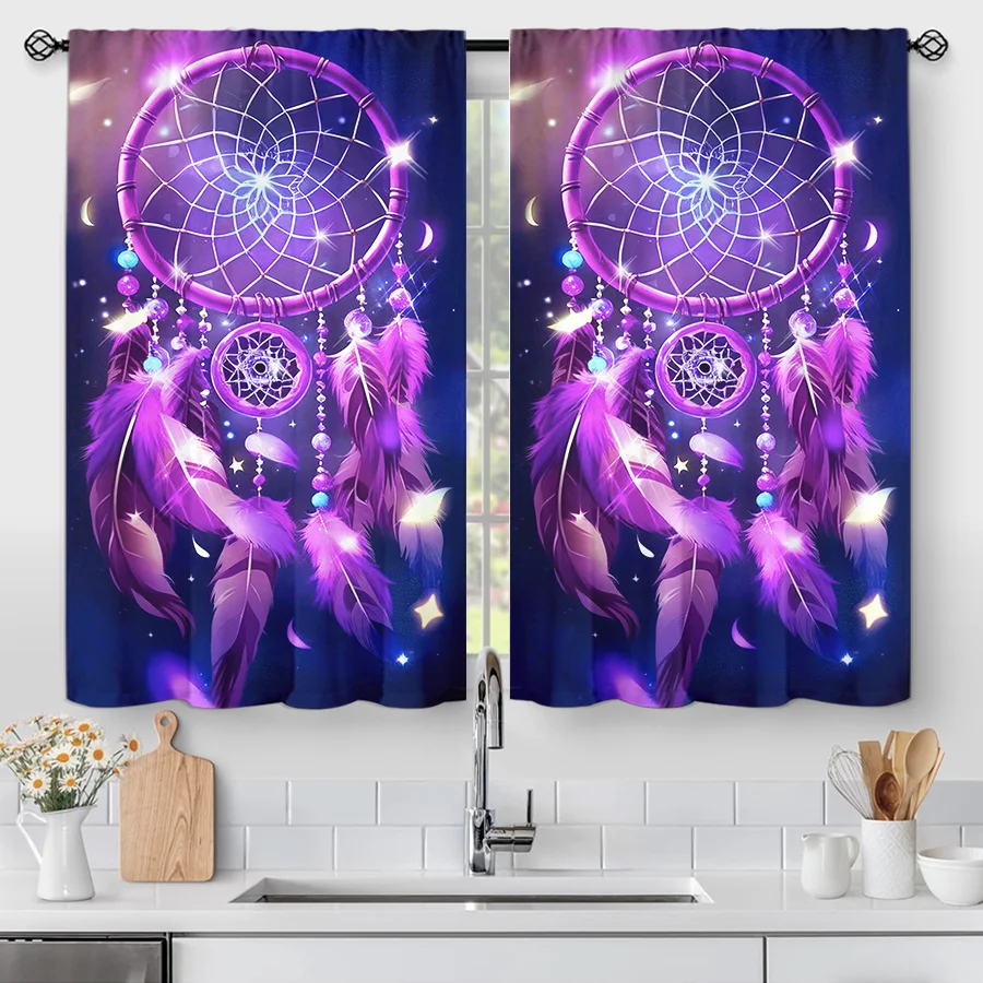 2PCS Digital Print Curtains, Purple Dreamcatcher Feathers Stars Galaxy, Boho Hippie for Living Room Bedroom Home Decor