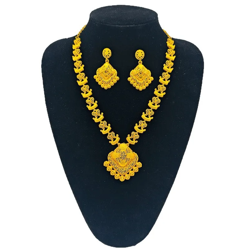 

Дубай, европейская мода, женское 24-каратное позолоченное ожерелье, серьги, изысканный комплект ювелирных украшений для помолвки для влюбленных DD11048