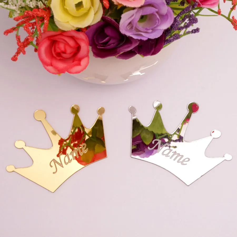 50pcs Personalized Mirror Crown Wedding Tags Table Center Decoration Card Acrylic Name Sign Stickers Party Favors Laser Cut Gift