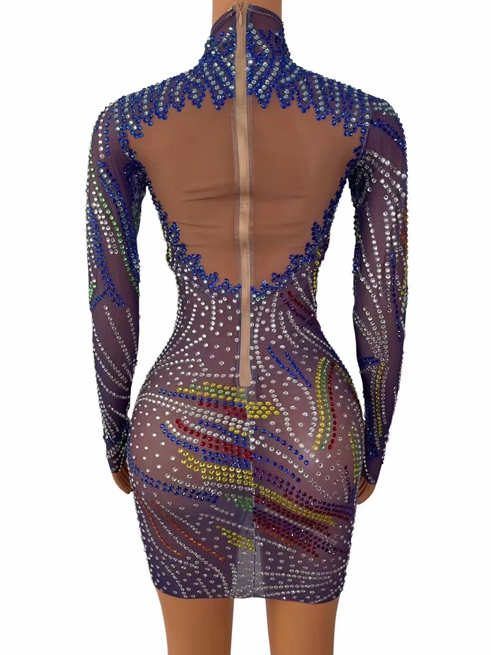 Sparkly Multi-color Rhinestones Transparent Long Sleeve Short Dress Evening Birthday Party Dress Women Dancer Singer Stage Wear