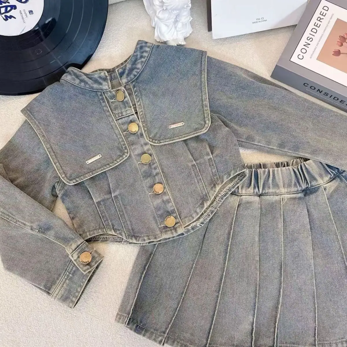 

Новые осенние модные джинсовые комплекты для маленьких девочек, пальто + юбки, милые костюмы принцессы, От 3 до 8 лет