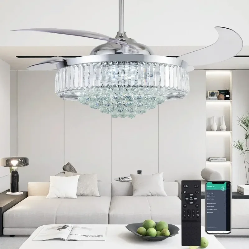 

Dimmable Chandelier Ceiling Fan Lights, Fandelier, Retractable Crystal Chandelier Remote Control LED Light Bedroom Living Room