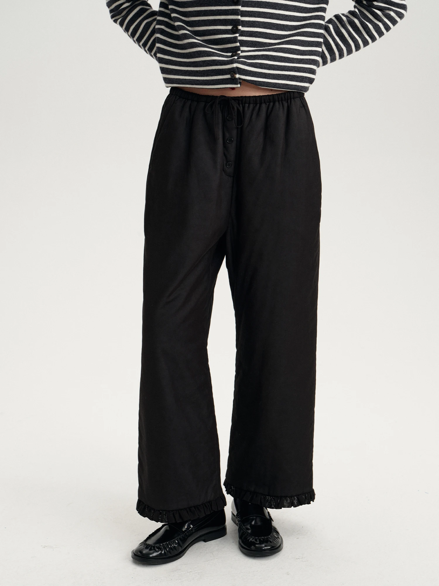 

TangFa Bla Straight Leg Elastic Waist Casual Pants Women's Dstring Ruffle Design Autumn Winter Versatile Slimming