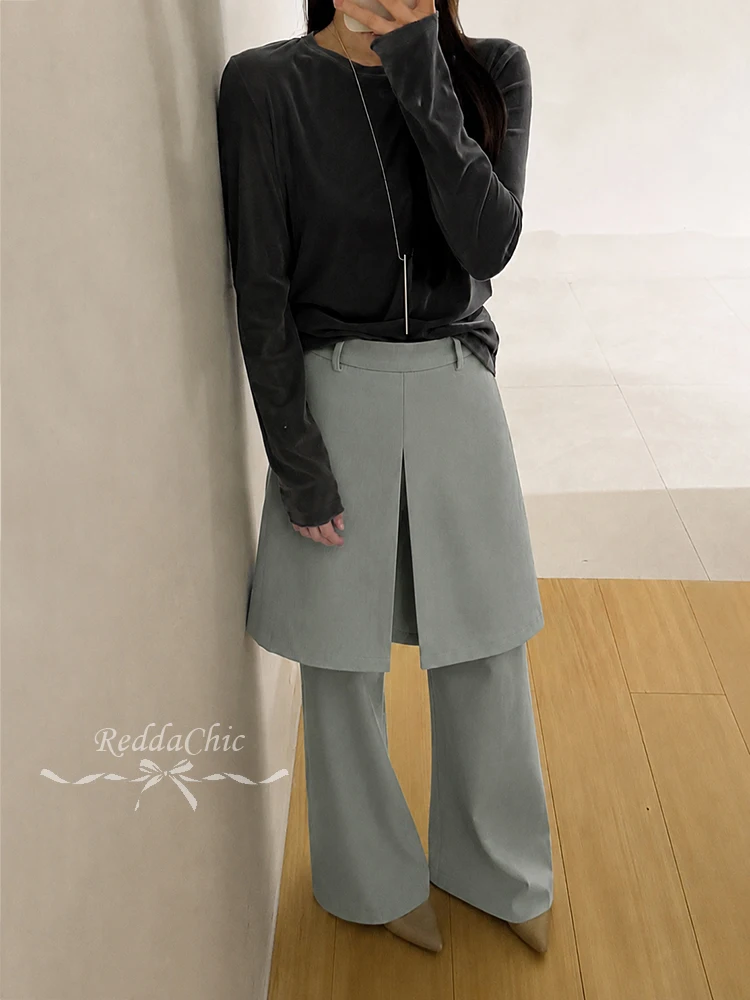 ReddaChic Women Wrapped Dress Pants Cleanfit Split Front Pockets Loose Low Waist Wide Leg Bootcut Trousers Office Everyday Wear