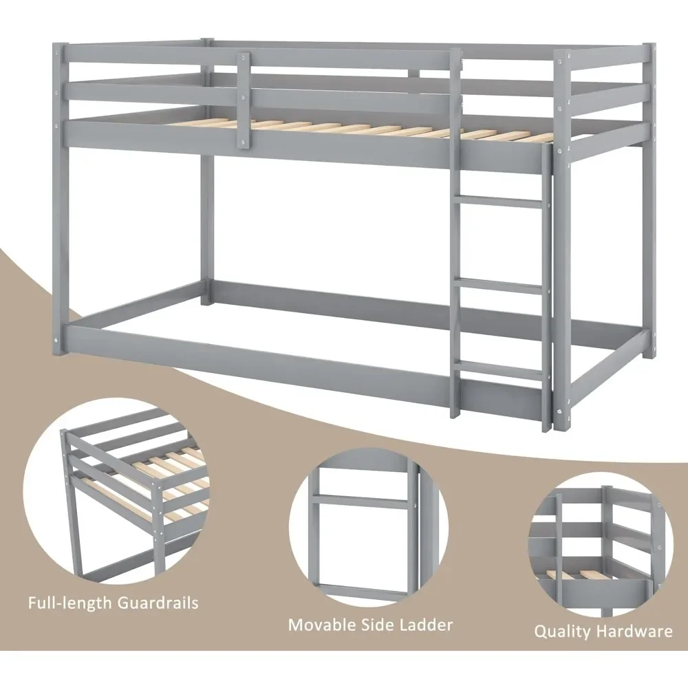 Bunk Bed, Floor Bunk Bed w Ladder, Safety Guard Rails, 400LBS Heavy Duty Wooden Bunk Beds Low Bunkbeds No Box Spring Required