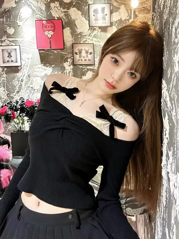 Black Pure Desire One Shoulder  Knot Long Sleeve T-Shirt Women's Spring Autumn New Style Slim Fit Sexy Top