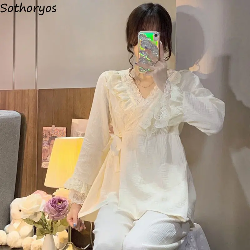 Pajama Sets Women Autumn New Sweet Lace Designed Princess Simple Long Sleeve Sleepwear Chic Korean Style Female Leisure Comfort