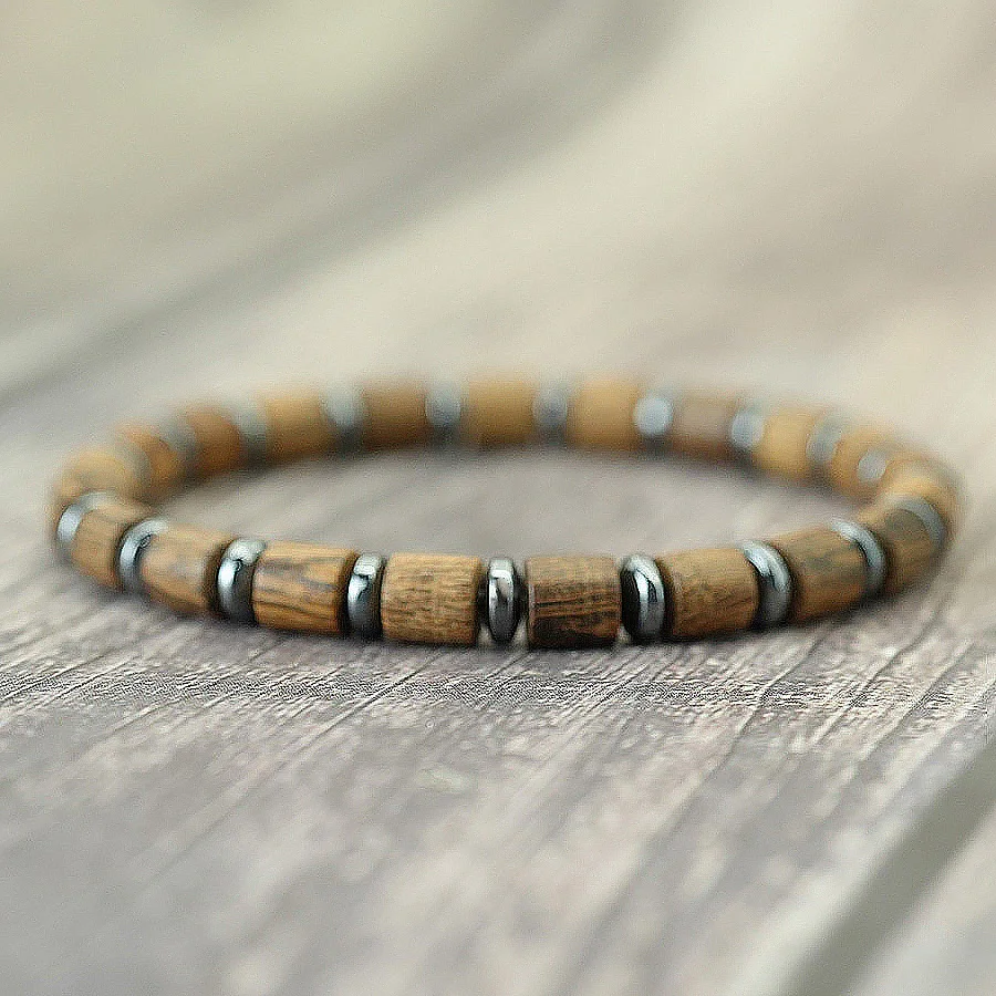 1Pcs Boho Natural Barrel Wooden Beads Bracelet for Men Black Gallstone Cross Healing Beaded Braclets Elastic Jewelry Joias view 3