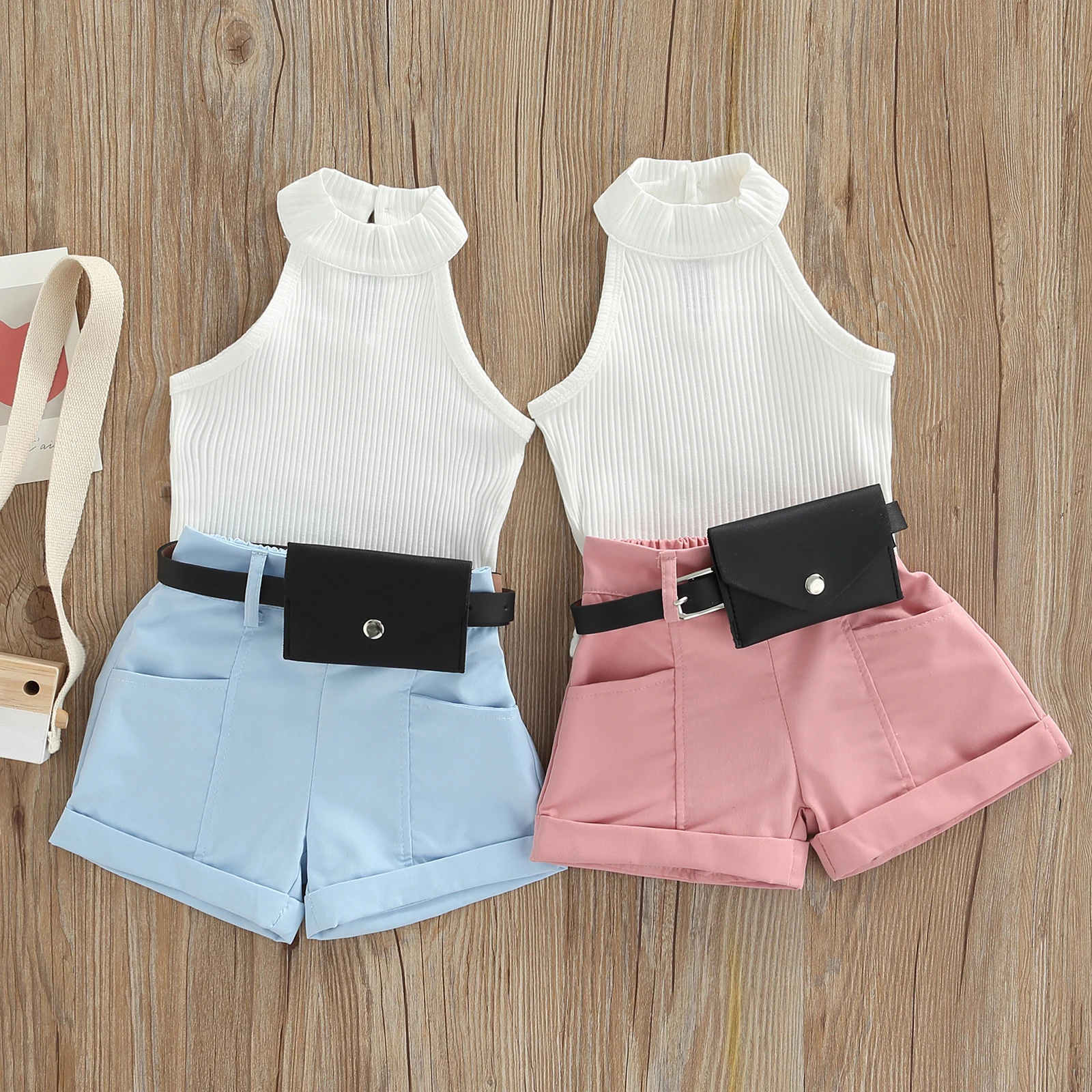 Conjuntos de tres piezas para niña, Tops con cuello levantado acanalado sin mangas de Color sólido + Pantalones cortos con cinturón + riñonera pequeña 6M-4T