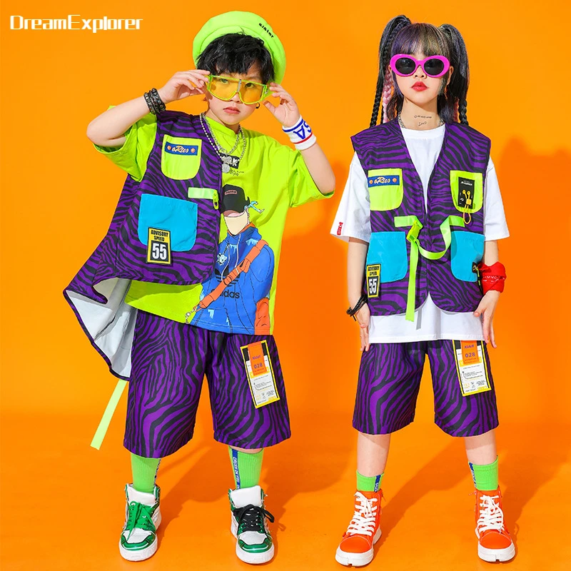 Chaleco de Hip Hop para niños, pantalones cortos Cargo, ropa de calle de verano, chaleco a rayas, trajes de Jazz para baile callejero