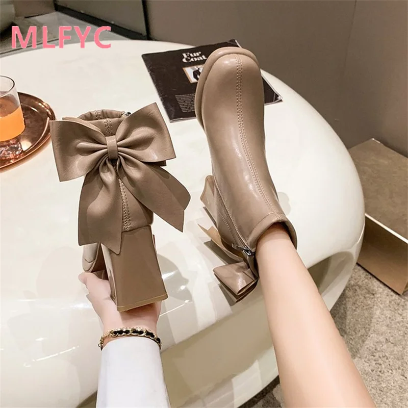 High Heel Fashion Femal Boots New Autumn and Winter Boots Thick Heel Retro Short Boots Ladies Bow Tie Side Zipper Women\'s Boots