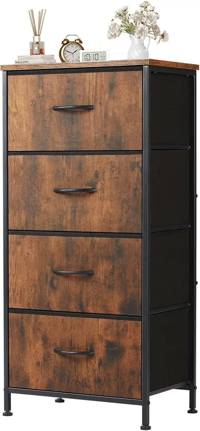 

Nightstand Small Bedroom Dresser with 4 Fabric Drawers Bed Side Furniture End Table Wooden Top Cabinet Night Stand Dresser for C