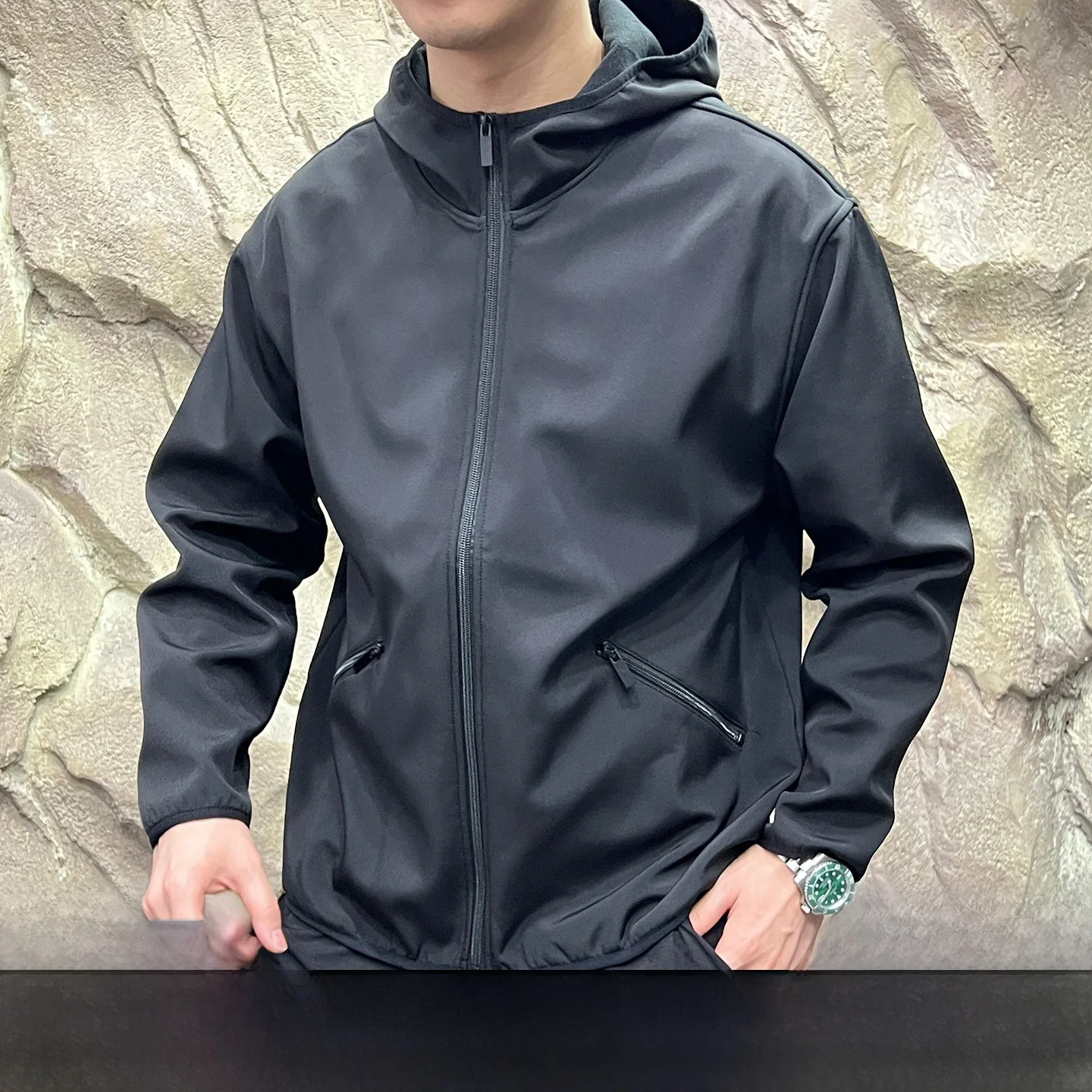 

Outdoor Men's Fce Lined 3D Tailored Soft ell Jaet Thermal Cosite Velvet Windproof Long Sve Hooded Coat