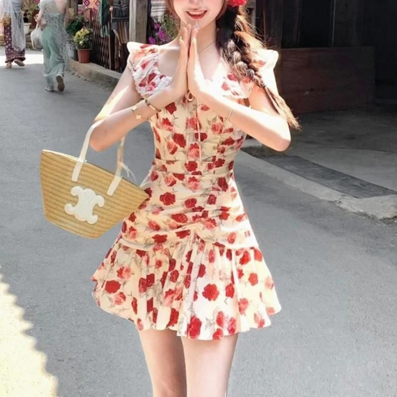 Women Summer Floral Print Ruffle Strap Mini Dress Ruched A Line Sweet Casual Vaion Dress