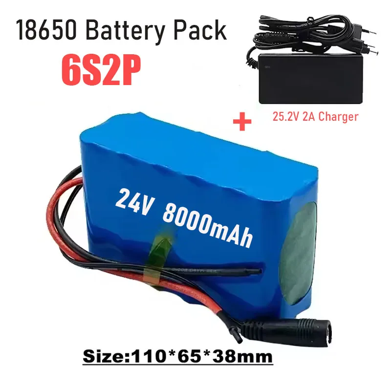 24V 6S2P 8000mAh 18650 Lithium Battery Pack with BMS for Electric Motorcycle 24V Camping Equipment+optional Plug+ 2A Charger