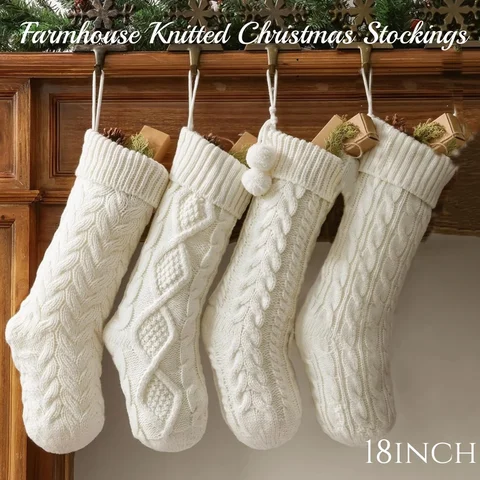 3/4Pack Christmas Stockings 18In Rustic Cable Knit Fireplace Stockings Xmas Rustic Stocking Decorations for Family Holiday Party