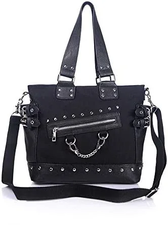 Women Fashion Rivet Handbag Purse Canvas Punk Tote with Shoulder Strap Crossbody Bag Large Capacity