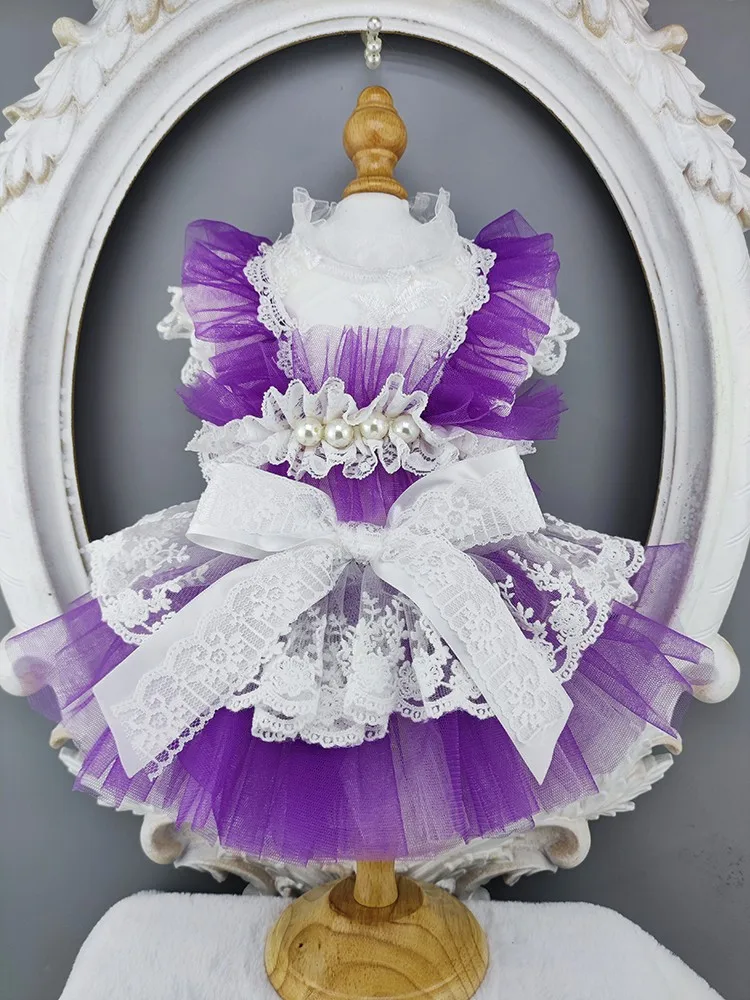 Handmade Dog Clothes Pet Supplies Princess Dress Violet Skirt Ribbon Bow Pearls Accessories Lace Tulle One Piece Walks Holiday