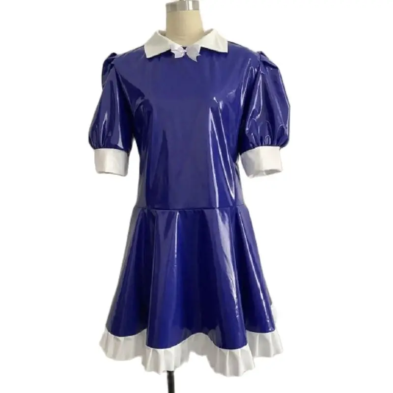 Blue PVC Effeminate Adult Giant Baby Girl Pleated Lapel Bubble Sleeve Patchwork Party Dress Cross Dresser Party Daily Unisex