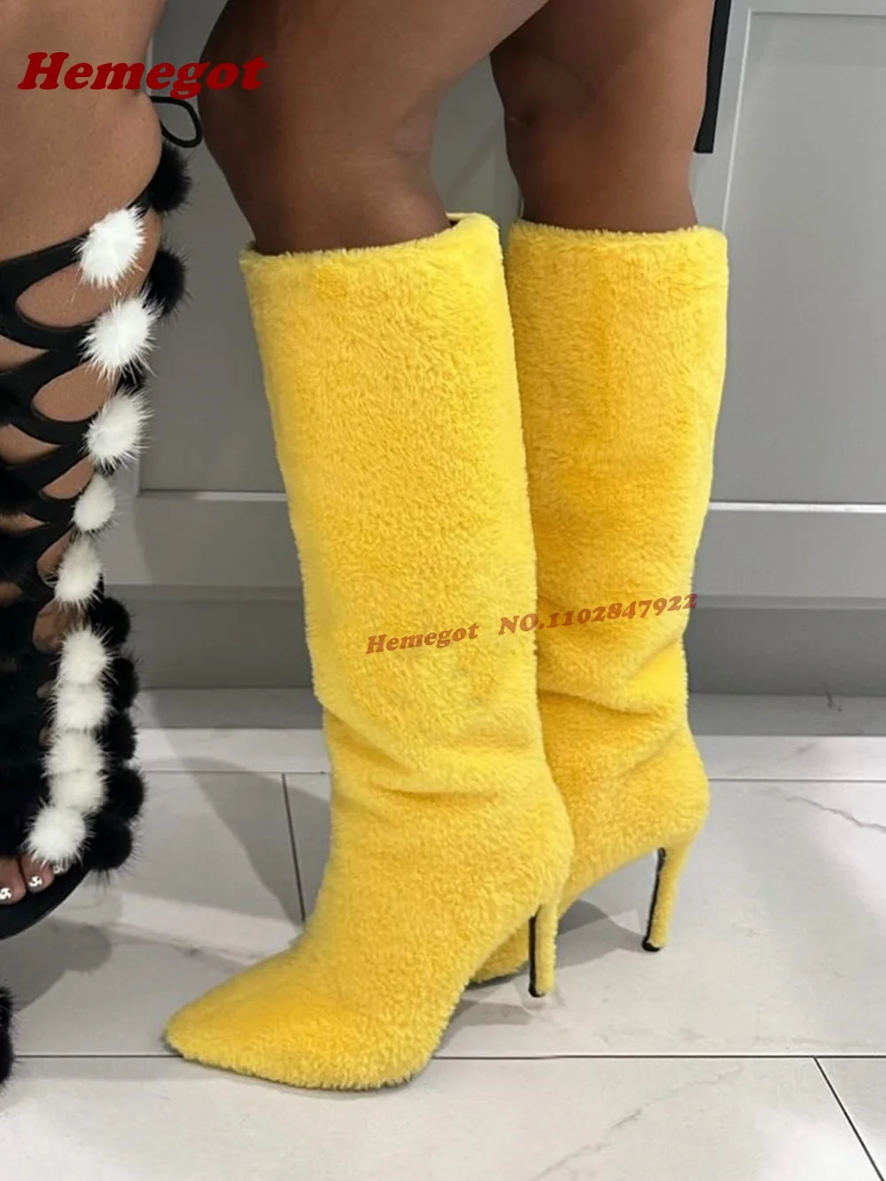 

Yellow Fur Stiletto Knee High Boots Fluffy Round Toe Slip On Warm Shoes for Women Winter Street Style Solid Patchwork Shoes