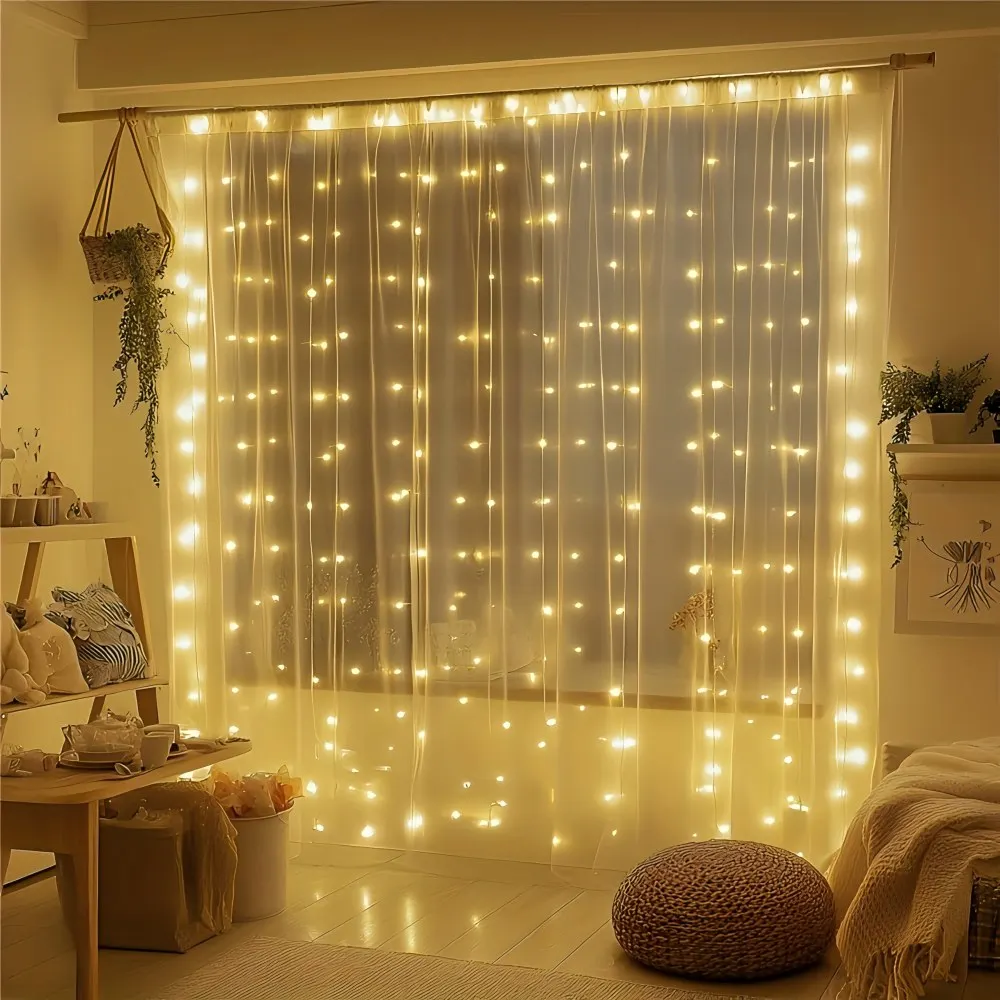 Guirnalda de luces de cortina de alambre de aleación USB con control remoto, 8 modos, luces LED para dormitorio, ventana, boda, fiesta de Navidad, decoración del hogar