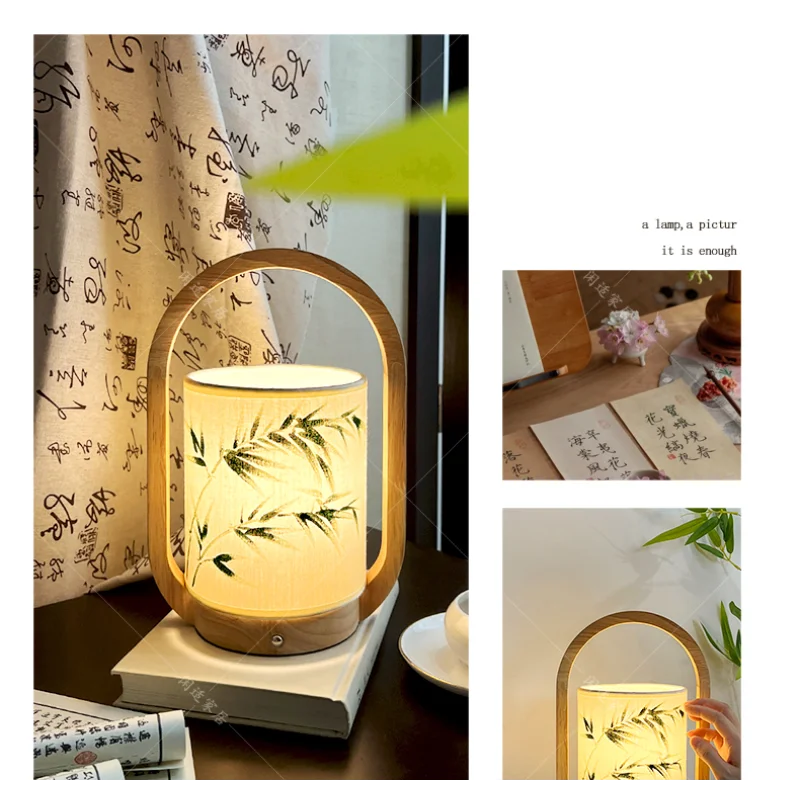 Portable table lamp charging creative new Chinese style national style hand-painted retro zen lamp Japanese bedroom bedsid