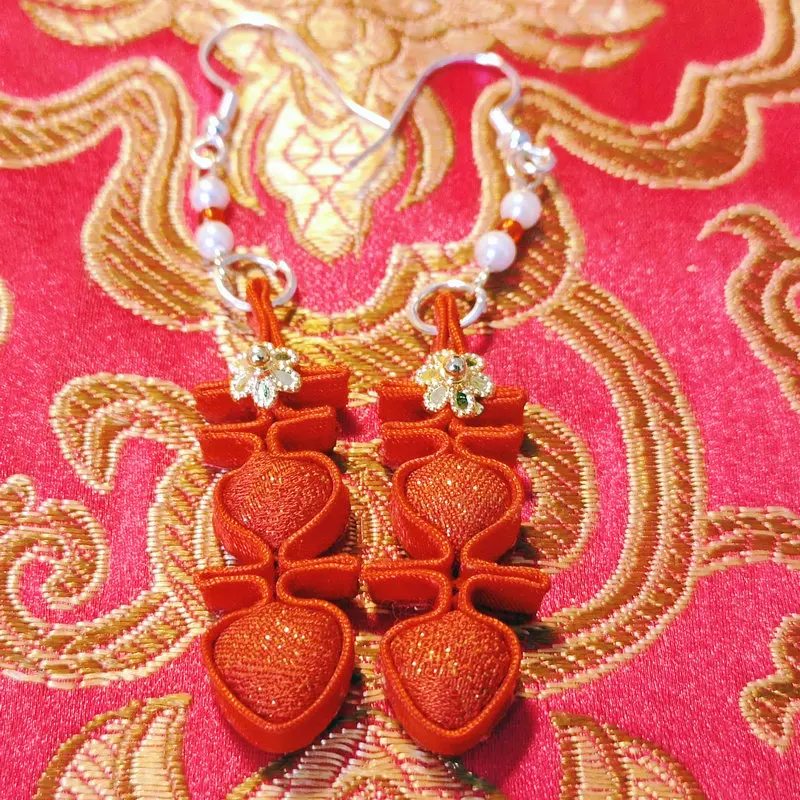 Red Handmade Knot Earrings With XI Character & Song Brocade Fabric Earring Chinese Old Money Accessories Wedding Honeymoon Party
