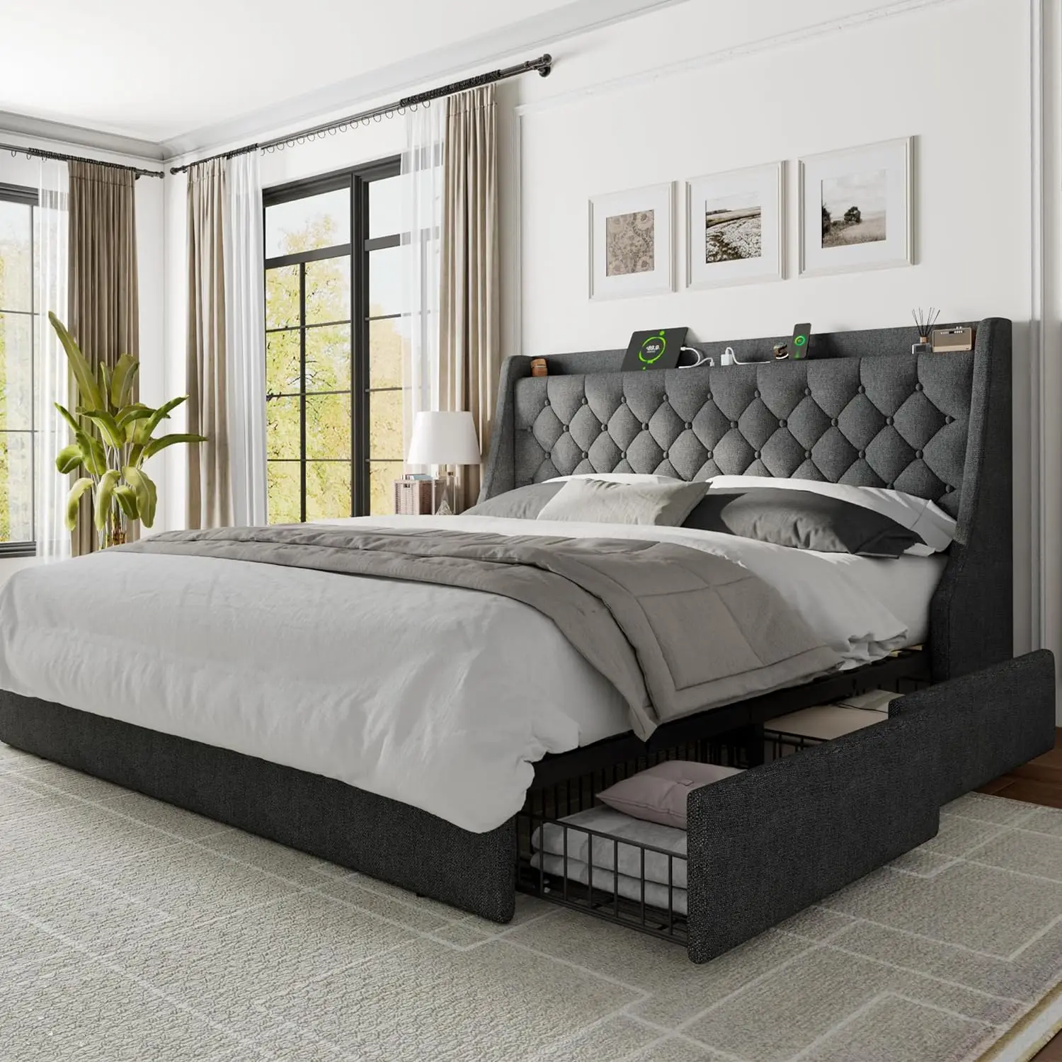 

Feonase King Size Bed Frame with 4 Storage Drawers, Upholstered Storage Bed with Charging Station, Tufted Wingback Storage