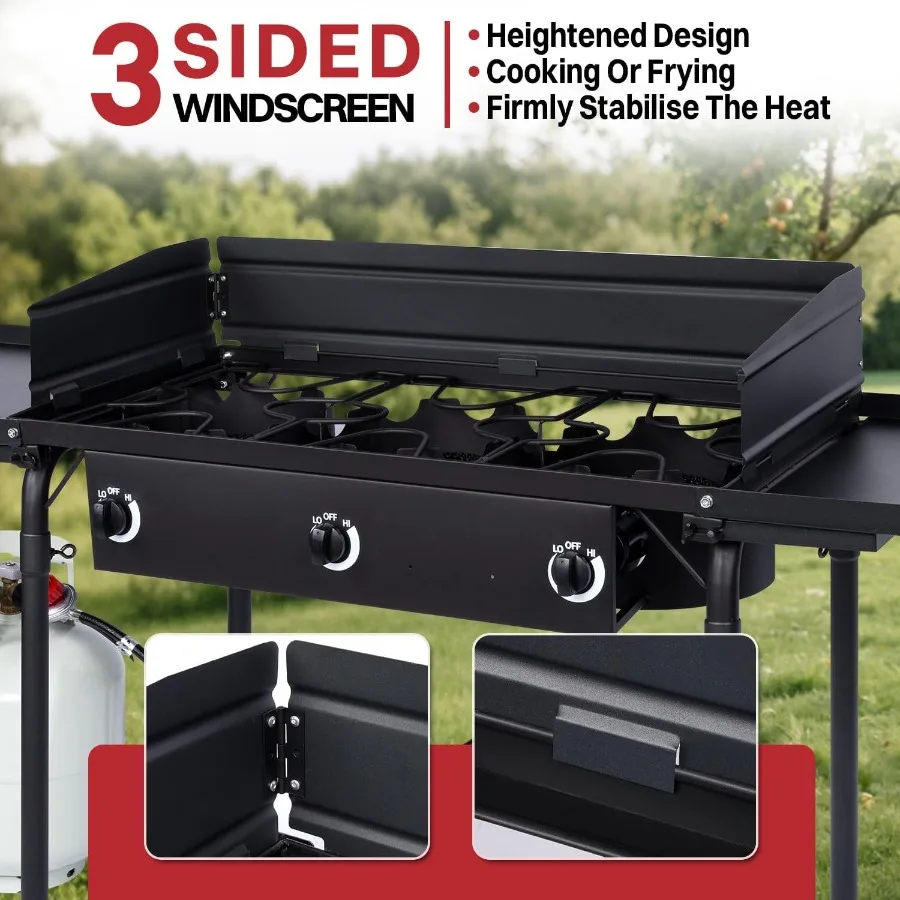 3 الموقد البروبان مخيم موقد 225000 وحدة حرارية بريطانية موقد غاز رفوف جانبية الزجاج الأمامي غطاء مقاوم للماء أرجل قابلة للفصل مثالية للتخييم B #3