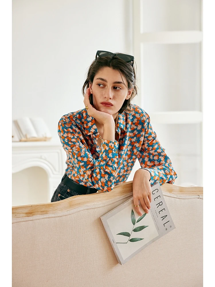 SuyaDream, Woman Floral Shirts, 100%Silk Crepe, Long Sleeves, Printed Blouses, 2025 Spring Autumn Office Lady Top