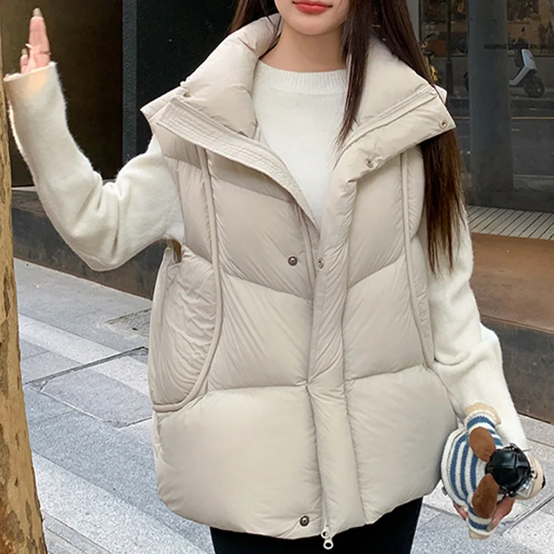 

Autumn Winter Stand Collar Puff Warm Down Vest Women White Duck Down Sleeveless Loose Vest Female Double Zipper Solid Waistcoats