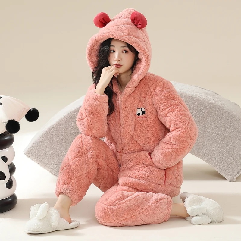 High Quality Winter Women Hooded Pajamas Set 3 Layer Clip Cotton Pijama Female Thick Warm Sleepwear