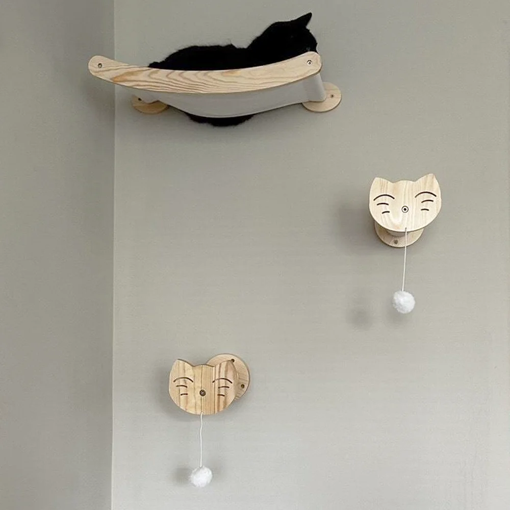 1PC Cat Hammock Wall Mounted Wooden Climbing Shelf Cat Jumping Platform with Scratching Post Cat Hanging Bed for Cat Sleeping