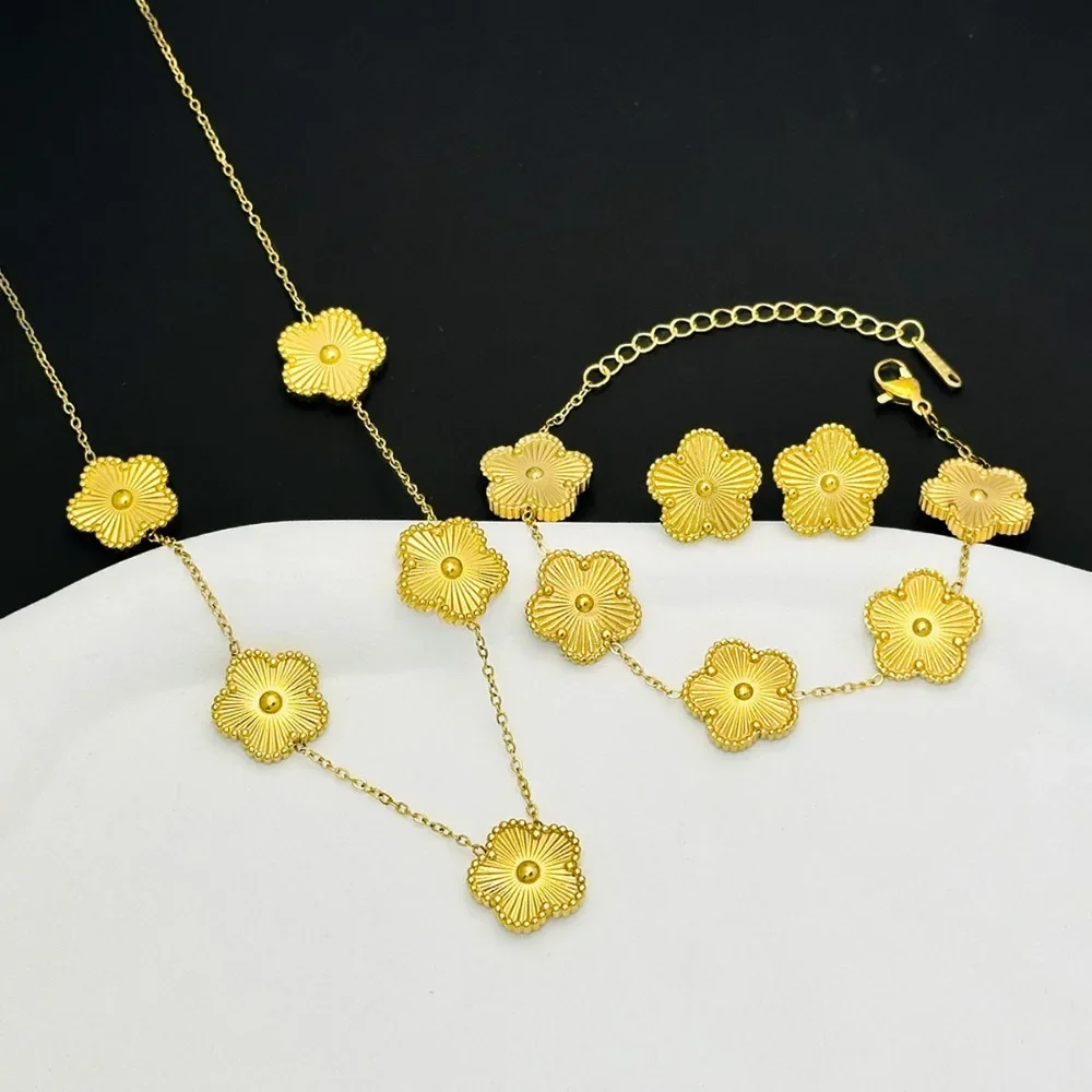 New Luxury Gold Color Stainless Steel Five-leaved Flower Necklace for Women Charm Collar Chain Earring Bracelet Jewelry Set Gift