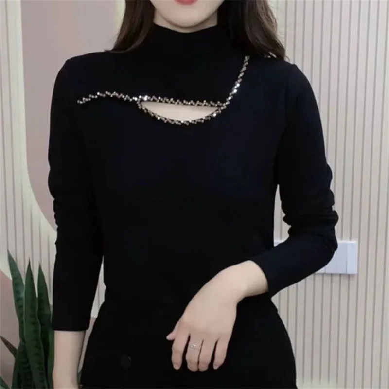 Women Autumn Winter New Half High Neck Velvet Knit Sweater Fashion Hollow Out Diamonds Base Layers Cozy Warm Long Sleeves Tops