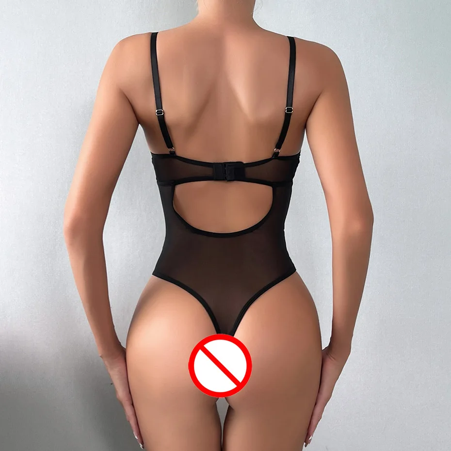 JSY Sexy Lingerie Women Bodysuit Underwear Black Open Crotch Teddy Transparent Nightgown Sleepwear Erotic Lingerie Porno Costume