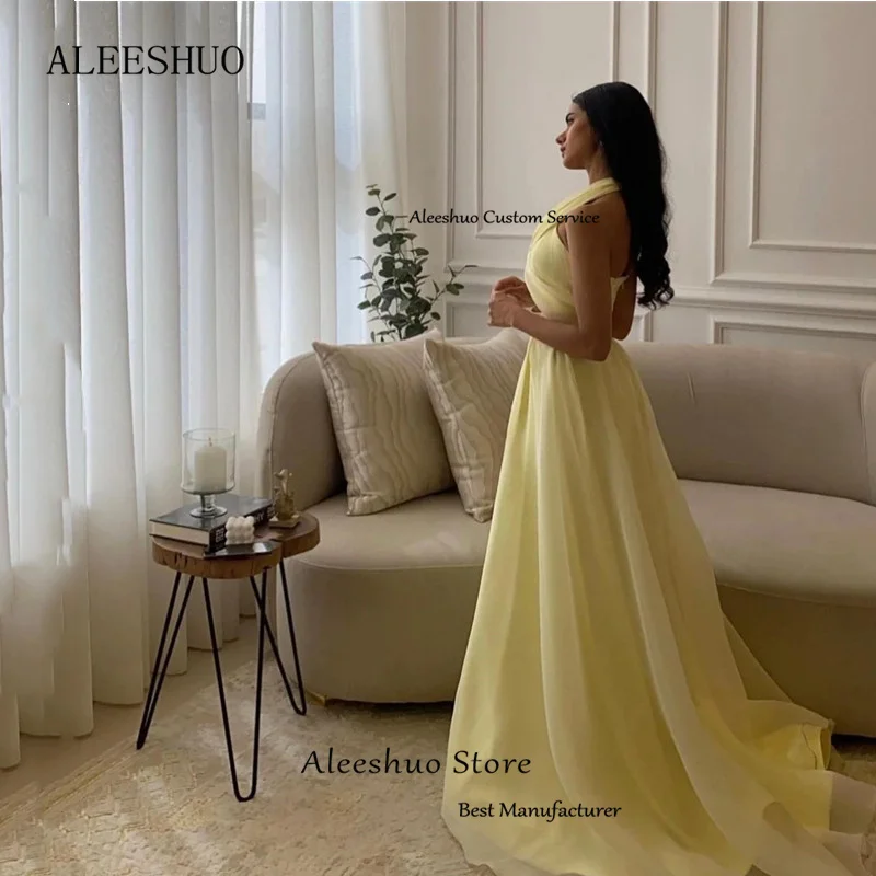 Aleeshuo Modern A-Line Tulle Sleeveless Prom Dress Sexy Halter Cut-out Floor Length Open Back Party Gowns Vestidos Customized