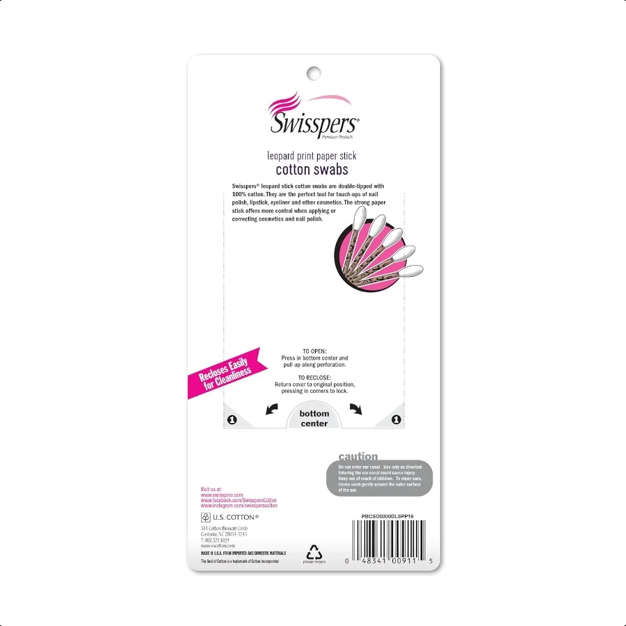 Swisspers Premium Leopard Paper Swabs Confezione da 300 pezzi da 1 batuffoli di cotone divertenti ed eleganti con design leopardato Punta in 100 cotone